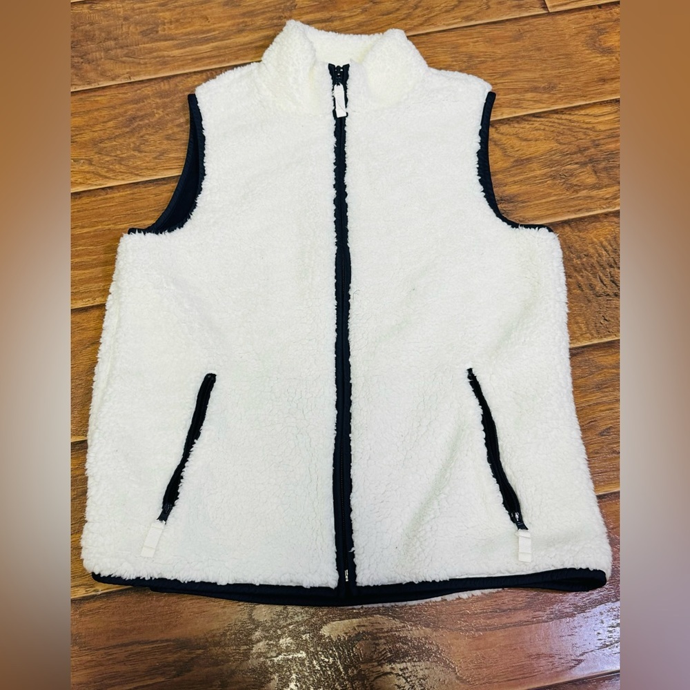 Talbots Full Zip Sherpa Vest Womens Sz P White Color Blue Liner